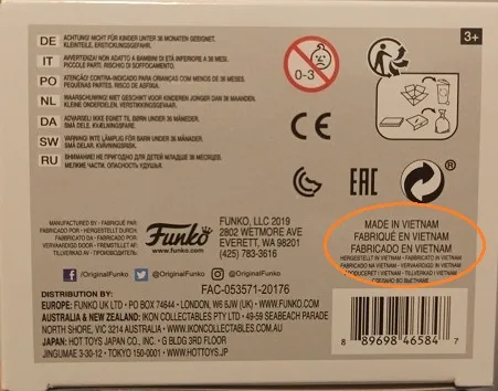 Datos de fabricación impresos en la caja de un Funko Pop