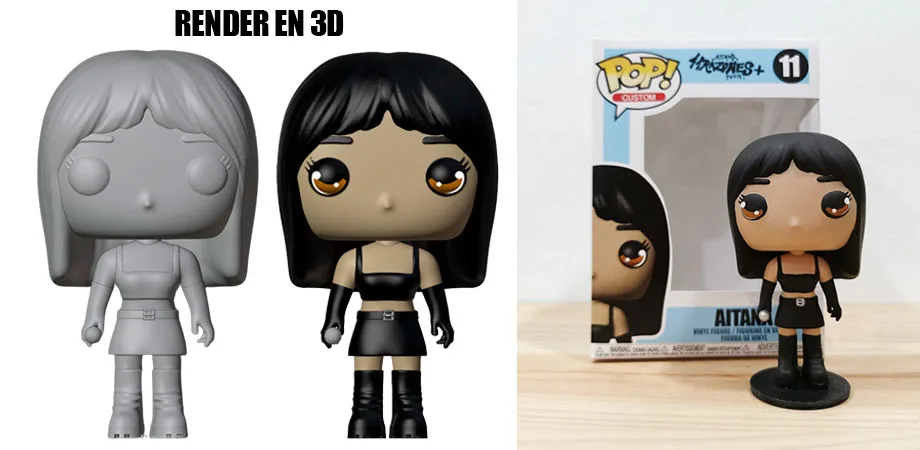 Diseño en 3D y resultado final del Funko personalizado de Aitana