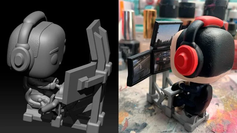 Funko personalizado con simulador de coches, asiento, pantallas y cascos