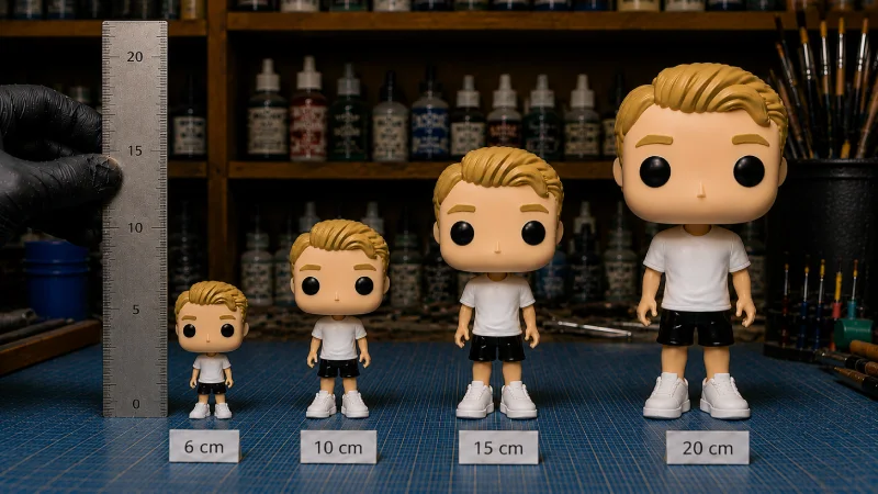 Comparativa de tamaños de los Funkos: 6, 10, 15 y 20 cm